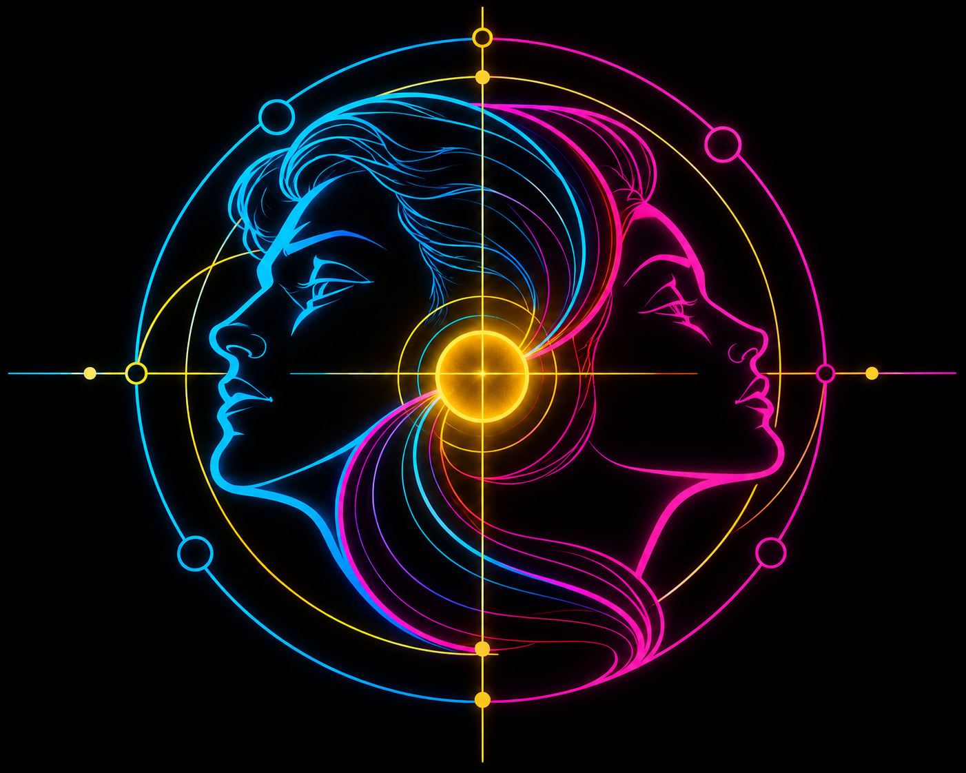 Zwei ineinanderfließende menschliche Profile in cyan- und magentafarbenen Neonlinien, verbunden durch ein goldenes Zentrum.